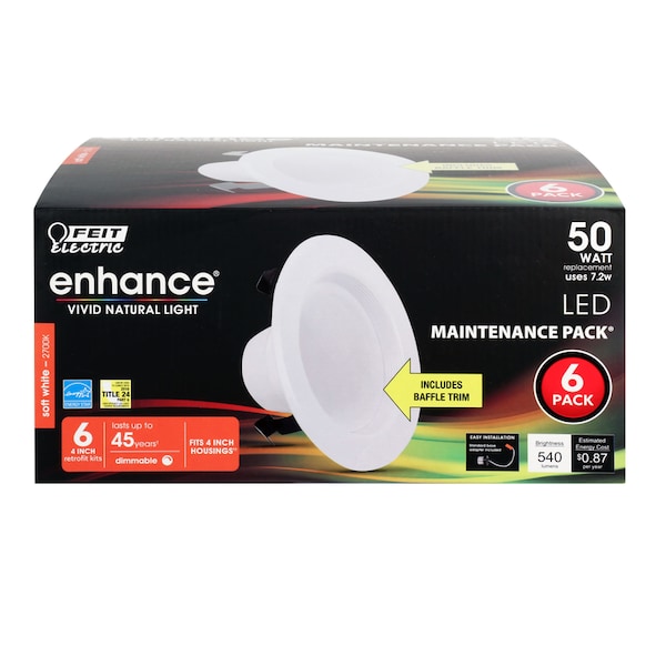 Feit Electric Feit Enhance Soft White 4 in. W LED Dimmable Recessed Downlight 7.2 W, PK6 LEDR4B927CAMP6 - main